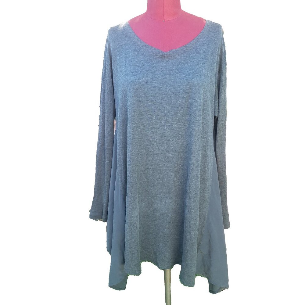 Eileen Fisher Tunic Top Medium Gray Silk Jersey Knit Long Sleeve Boxy